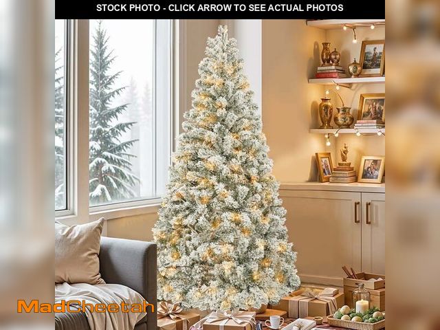 Lot 74-12834174 - (MISSING POWER CORD,BASE) 5FT Pre-Lit Hinged Christmas Tree Snow Flocked with 600 Tips 200 Lights - ...