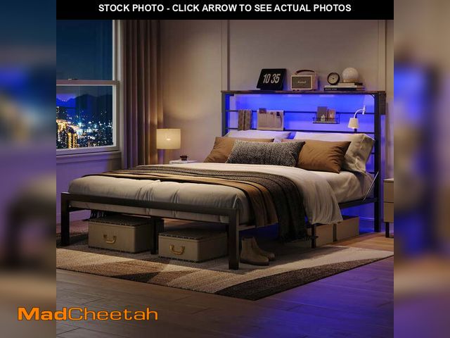 Lot 74-14585493 - Bestier Queen Size Bed Frame with 49.2" High LED Storage Headboard Shelf, Metal Platform Bed, Black ...