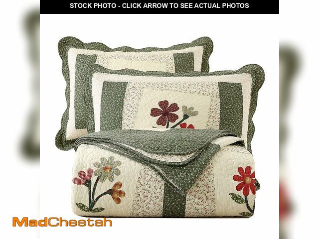 Lot 74-13721043 - vctops Farmhouse Green 2 Piece Embroidered Floral Quilted Bedspread Quilt Set 100% Cotton Reversible...