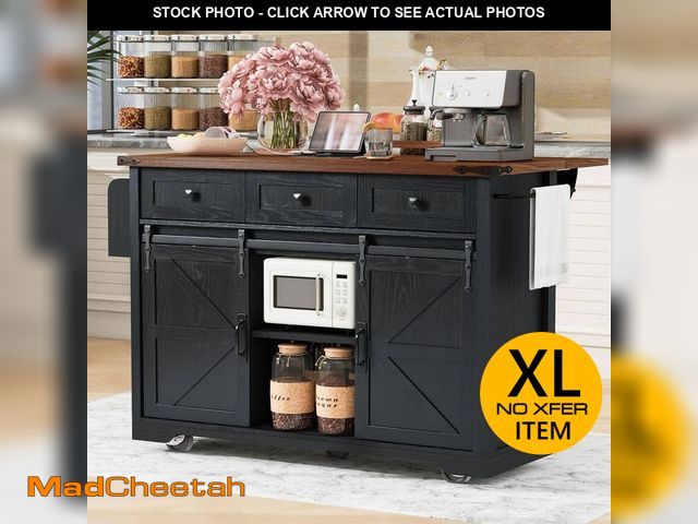 Lot 74-12660165 - Harper &amp; Bright Designs Black Wood Kitchen Cart with Drop Leaf, Power Outlet, 2-Sliding Barn Doo...