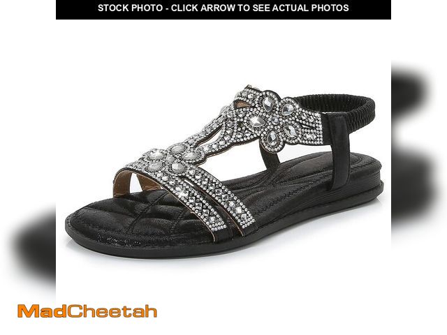 Lot 74-14209798 - iCKER Women Rhinestone Sandals T-Strap Buckle Bohemian Pearl Crystal Flat Sandals-Black-CH01-10 - US...