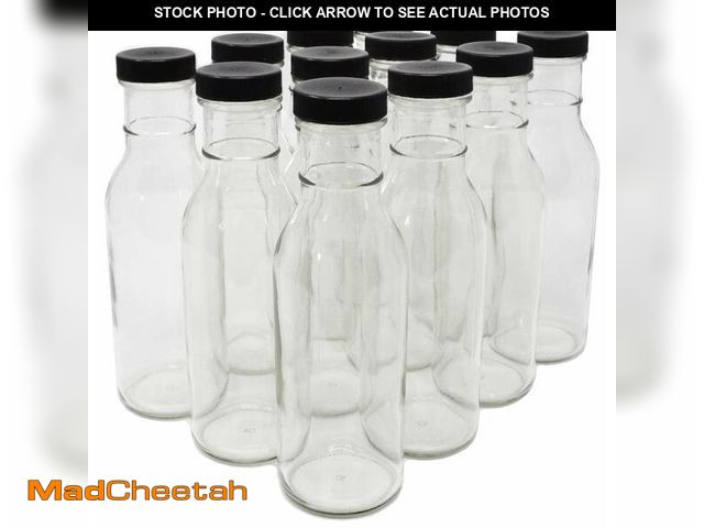 Lot 74-13546506 - nicebottles Clear Glass Beverage/Sauce Bottles, 12 Oz, Black Caps - Case of 12 - UNUSED