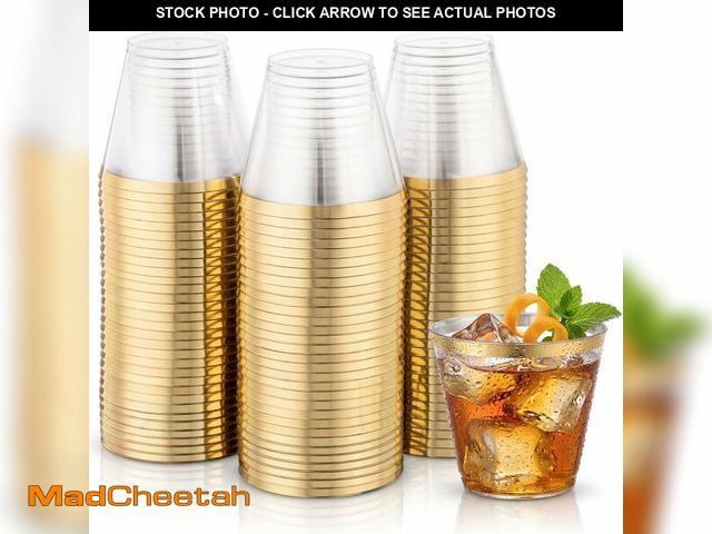 Lot 74-14268147 - Hioasis 200Pcs 9OZ Clear Cups - Plastic Disposable Cups with Gold Trim, Heavy Duty &amp; BPA-free fo...