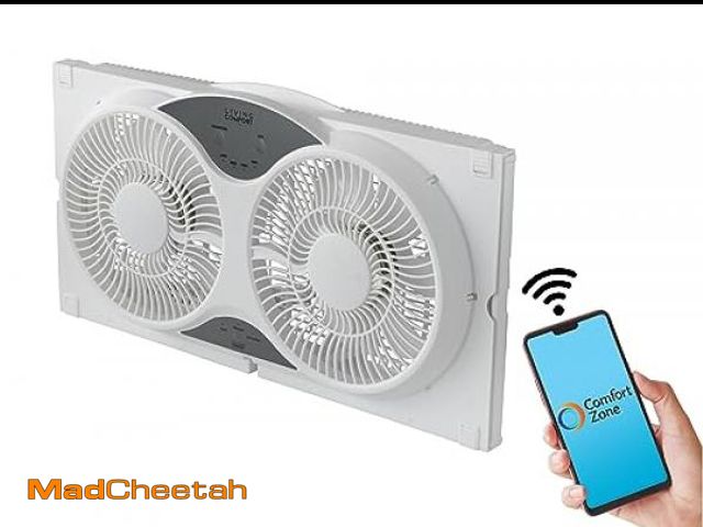Lot 74-12166884 - Comfort Zone Smart Wi-Fi Reversible Twin Window Fan with Cover and Bug Screen - UNUSED