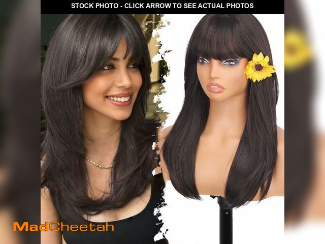 Lot 74-12703051 - Long Dark Brown Wig with Bangs for Women, 4x4 Realistic Scalp,Free Parting, Layered Hairstyle Synthe...