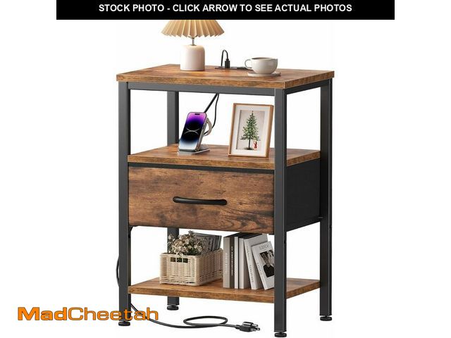 Lot 74-14349628 - OLIXIS Nightstand with Charging Station, Bedside Tables with USB Ports and Fabric Drawer, Small Nigh...