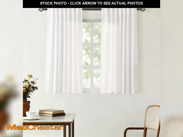 Lot 74-14386777 - White Linen Curtains 45 inch Length 2 Panel Set for Living Room Back Tab Rod Pocket Semi Sheer Light...