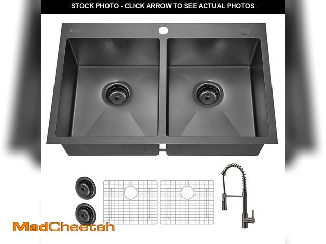 Lot 74-12580911 - 33 in. Drop-In Double Bowl 18 Gauge Gunmetal Black Stainless Steel Kitchen Sink with Black Spring Ne...