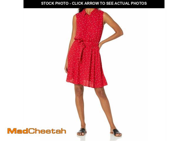 Lot 74-14333712 - Essentials Women's Sleeveless Summer Shirtdress, Relaxed-Fit Woven Shirt Dress, Red Leafy Floral, Me...