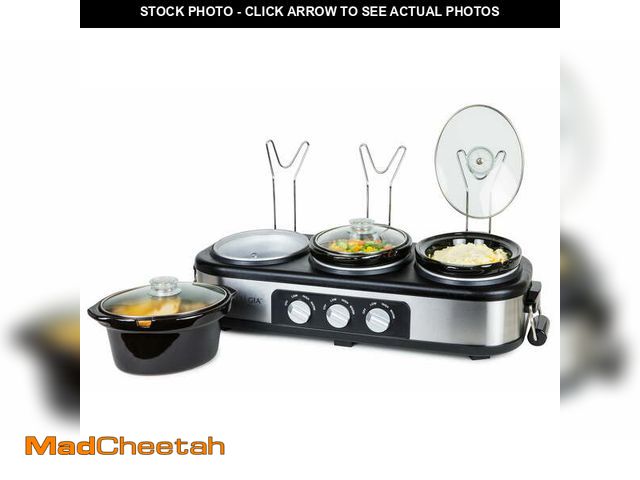 Lot 74-13774794 - Nostalgia Stainless Steel 3-Station 1.5-Quart Oval Slow Cooker Buffet, With Lid &amp; Spoon Rest, Ad...