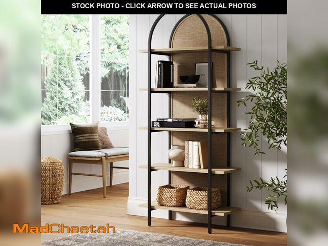 Lot 74-13791354 - Nathan James Amara Bohemian 5-Shelf Etagere Bookcase, Rattan Open Bookshelf with Arch Top, Light Oak...