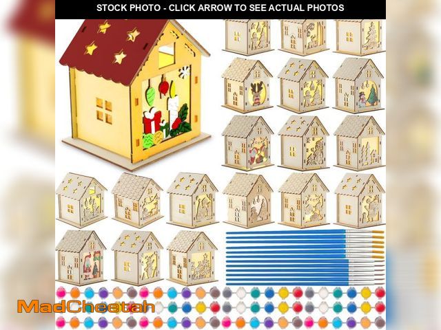 Lot 74-10971772 - Qunclay 18 Pcs LED Christmas Wooden Craft House for Kids Paint Your Own Unfinished Wood Crafts DIY 3...