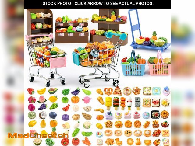 Lot 74-14150394 - Mini Shopping Cart Basket, Miniature Grocery Toys 3 Supermarket Shelves Play Store 100+ Fruit Vegeta...