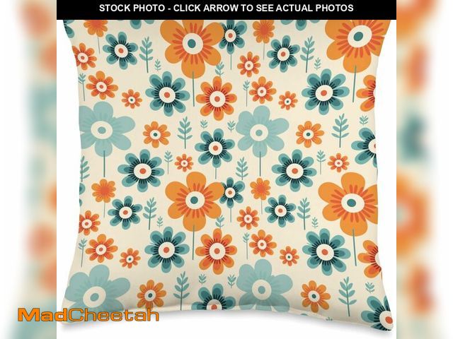 Lot 74-12828722 - Blooms Boutique Retro Vintage 1960s Style Orange and Teal Floral Pattern Throw Pillow, 16x16, Multic...