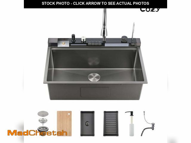 Lot 74-12667793 - 33?Ã22? Stainless Steel Single Bowl Kitchen Sink, Black Waterfall Workstation with Flying-Rain Fauc...