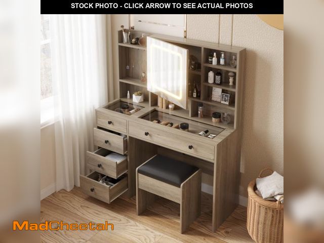 Lot 74-12466205 - Ktaxon Large 47.2" Makeup Vanity with 3 Color Lights, Dressing Table with USB Charging Station, Gray...