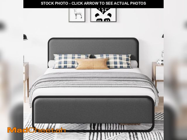 Lot 74-12301847 - Homhougo Metal Bed Frame Full, Heavy Duty Platform Bed with Curved Upholstered Headboard and Footboa...