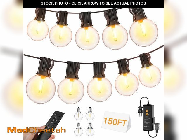 Lot 74-14332332 - Ccinny 150FT Outdoor String Lights with Remote, 75 + 4 Spare G40 LED Bulbs Plug in Connectable Dimma...