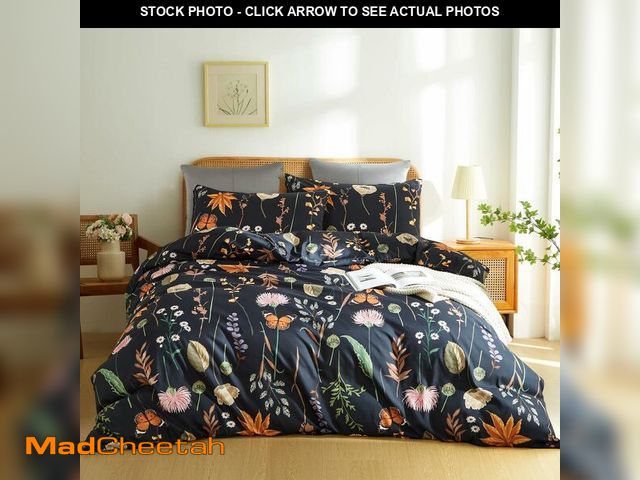 Lot 74-12700731 - Floral Duvet Cover Queen Size Black Duvet Cover Set with Pink Floral Colorful Botanical Yellow Butte...