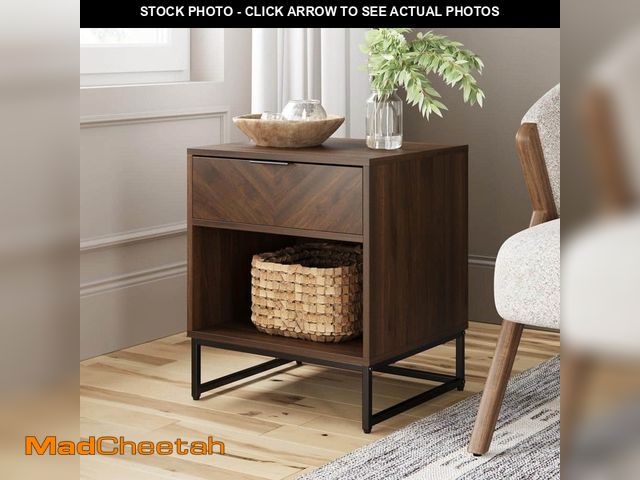 Lot 74-12921230 - Kensi 19 in. Walnut Rustic Nightstand Side Table Black Matte Metal Base with Cubby for Storage and D...