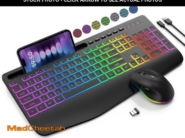 Lot 74-12333664 - Wireless Keyboard and Mouse Combo - 9 Backlit Effects, RGB, Ergonomic Wrist Rest, Phone Holder, 2.4G...