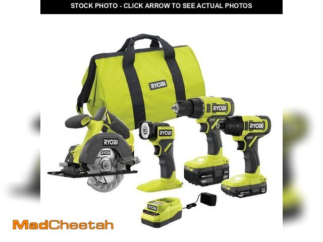 Lot 74-13685824 - RYOBI ONE+ 18V Cordless 4-Tool Combo Kit with 1.5 Ah Battery, 4.0 Ah Battery, and Charger - UNUSED