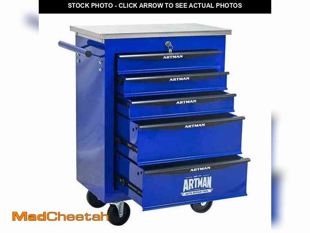 Lot 74-14292122 - (MISSING WHEELS,SIDE HANDLE) Damodpoy 5-Drawer 13.58 in. W Multi-Purpose Black and Blue Tool Cabinet...
