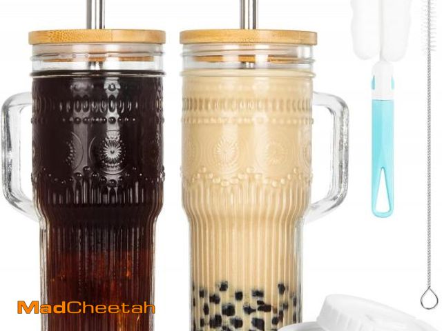 Lot 74-12327969 - JunVpic Glass Cups with Bamboo Lids and Straws, 22oz Glass Tumbler with Handle, Stainless Steel Stra...