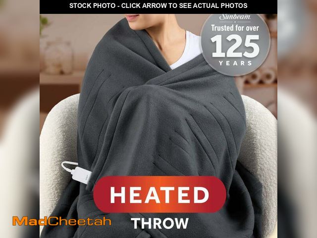 Lot 74-12688404 - Sunbeam Electric Heated Throw Blanket Gray Fleece 4 Heat Settings, 50x60 - USED