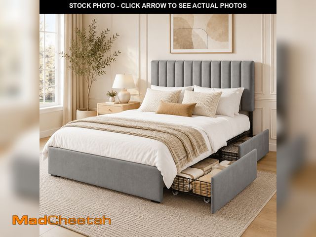 Lot 74-14437832 - COFUNOK Queen Platform Bed Frame with 4 Storage Drawers, Velvet Upholstered Adjustable Headboard, No...