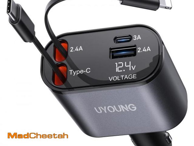 Lot 74-12443833 - UYOUNG Retractable Car Charger 100W, 4 in 1 Fast Car Phone Charger, 2 Retractable Cables 31.5 Inch a...