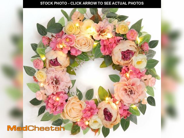 Lot 74-13538888 - [Lighted &amp; Timer] 22" Spring Summer Wreaths for Front Door Peony Wreath with Lights Pink Silk Fl...