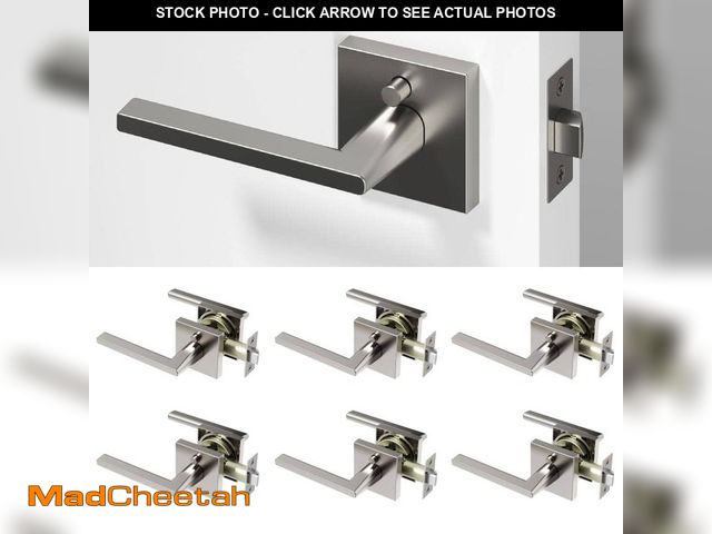 Lot 74-14312909 - Okun Quadra Metal Brushed Nickel Privacy Bed/Bath Flat Door Handle with Push Button and Square Roset...