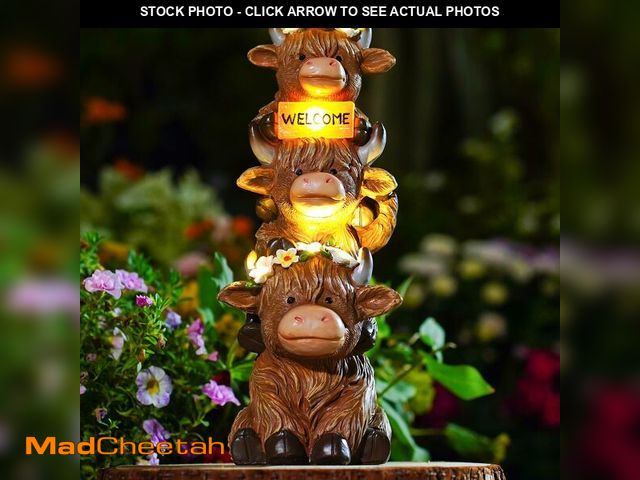Lot 74-14208935 - Garden Highland Cow Statue Solar Outdoor Decor with Flower Decoration Funny Triple Highland Cow Deco...