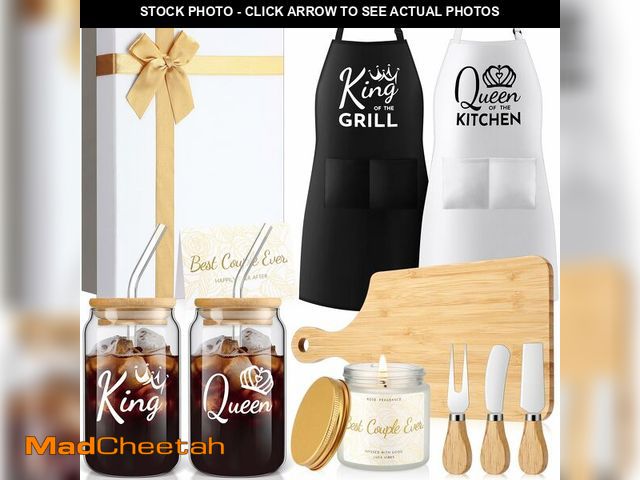Lot 74-13965377 - Singhoow 12 Pcs Wedding Gifts for Couples King and Queen Glass Cups Aprons Charcuterie Board Candle ...