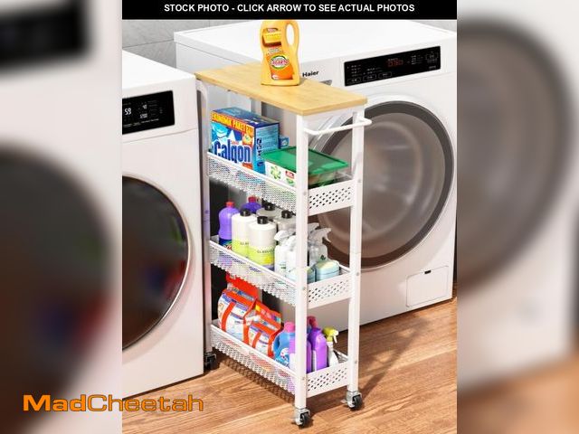 Lot 74-12119048 - OKZEST Utility Slim Storage Cart, 4 Tier Small Rolling Kitchen Laundry Room Cart with Wood Top, Meta...