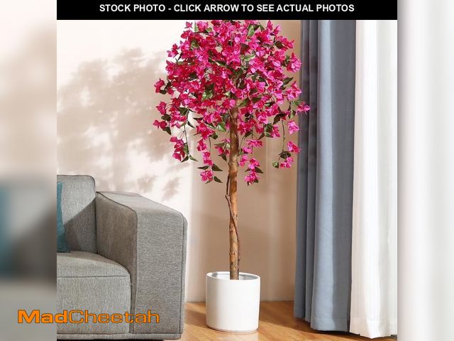 Lot 74-12490745 - DR.Planzen 5 feet Artificial Bougainvillea Flowers Tree In Black Plastic Pot, Indoor Plants with Woo...