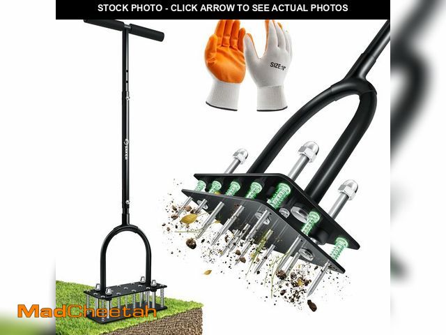 Lot 74-14213199 - Saker Manual Lawn Aerator Tool with 15 Iron Spikes Adjustable Height, Double-Layer Spring, Heavy-Dut...