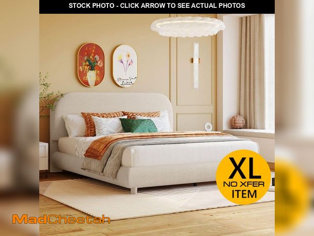 Lot 74-12638906 - Polibi Beige Wood Frame Queen Upholstered Platform Bed with Thick Fabric, Solid Frame and Stylish Cu...