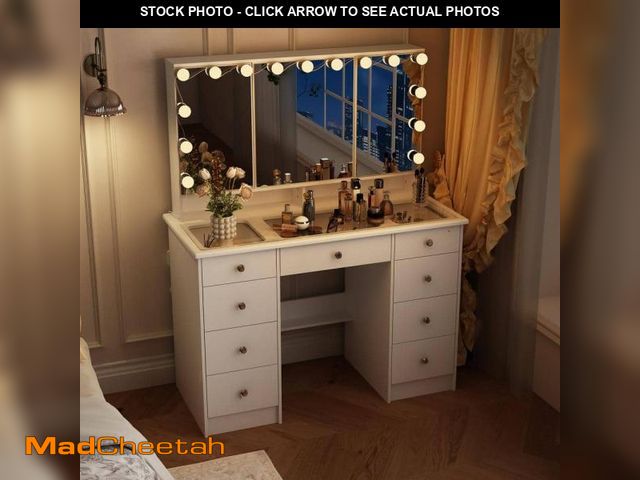 Lot 74-12172691 - FUFU&amp;GAGA White Makeup Vanity Desk 9-Drawers Wood Dressing Table With 3 Mirrors, Glass Top, Hidd...