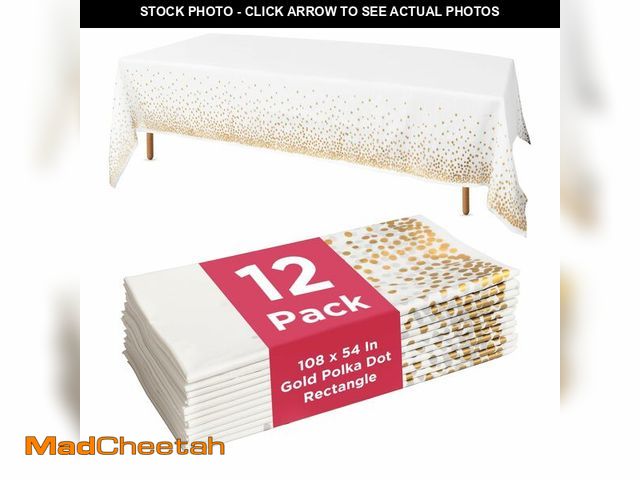 Lot 74-14051911 - Prestee 12-Pack White and Gold Tablecloth - 54x108 Inch - Disposable Table Covers for Party, Wedding...