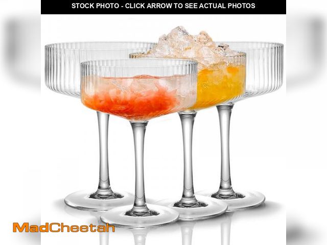 Lot 74-12119968 - Qipecedm 4 Pcs Ribbed Coupe Glasses, 10 oz Vintage Coupe Glass Set, Unique Martini Glass, Classic Co...