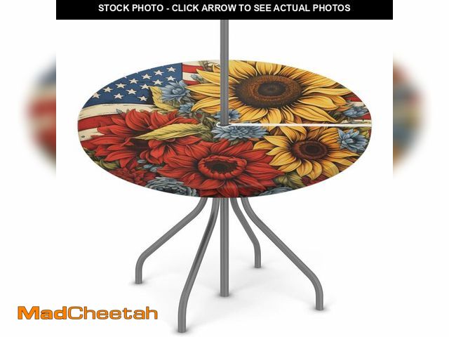 Lot 74-14056033 - 4th of July Sunflowers Outdoor Fitted Round Tablecloth with Umbrella Hole, 36"-44" Elastic Patio Tab...