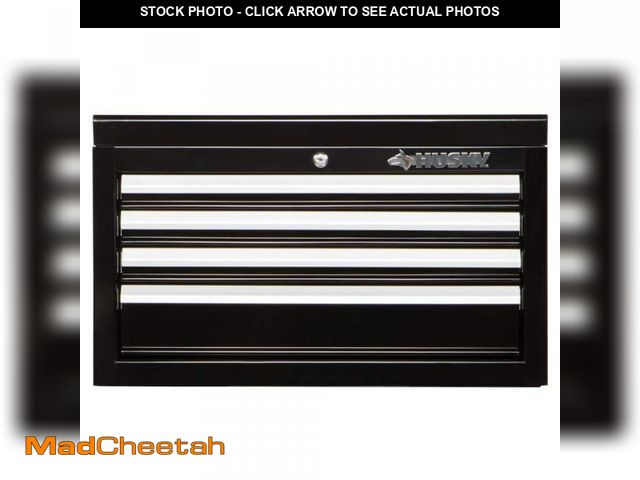 Lot 74-12531921 - (BENT) Husky 26 in. W x 12 in. D Standard Duty 4-Drawer Top Tool Chest in Gloss Black - USED