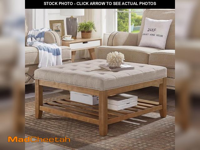 Lot 74-12241693 - 24KF Large Square Upholstered Tufted Linen Ottoman Coffee Table, Large Footrest Ottoman with Solid W...