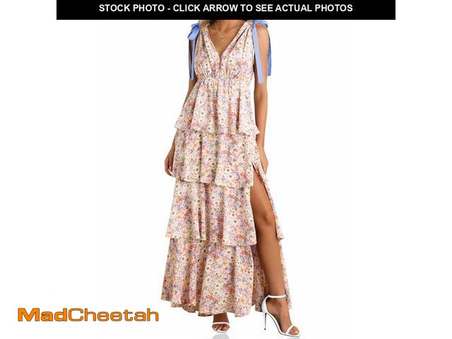 Lot 74-12461099 - Wenrine Womens Summer Floral Maxi Dress Tie Strap Sleeveless V Neck High Slit Boho Ruffle Tiered Bea...