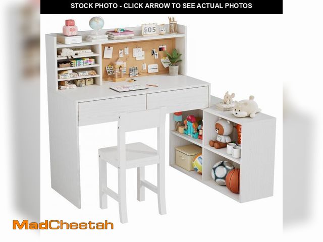 Lot 74-12228142 - SFDOU White Wooden Kids Desk and Chair Set, Kids Study Desk with Removable Large Storage Cabinet,Kid...