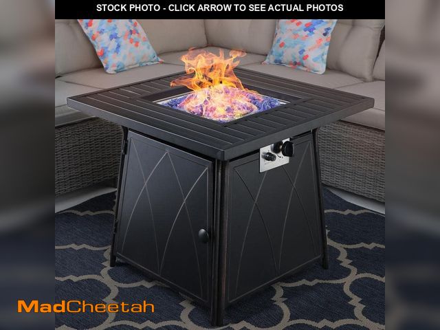 Lot 74-13036490 - 28.3 in. x 24.8 in. 50,000 BTU Square Metal Gas Fire Pit Table with Lid and Blue Fire Glass - UNUSED