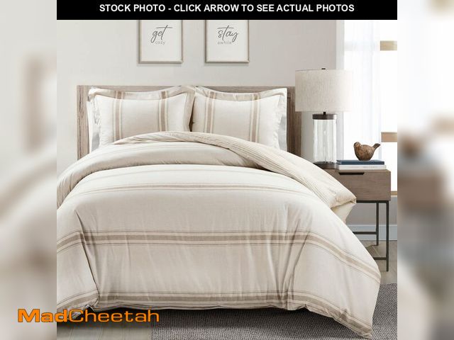 Lot 74-12764119 - Lush Decor Farmhouse Stripe Reversible Cotton Duvet Cover Queen Size 3 Piece Set Full/Queen Neutral ...