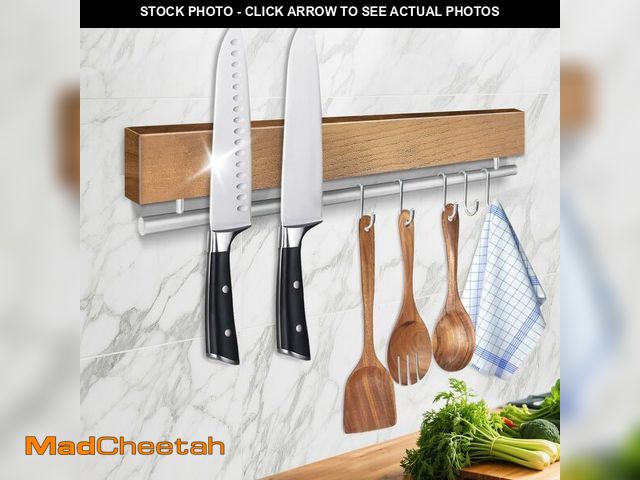 Lot 74-12704526 - Pailexin 12 Inch Magnetic Knife Holder for Wall Wooden Magnet Knife Strip No Drill with 5 Hooks/Adhe...